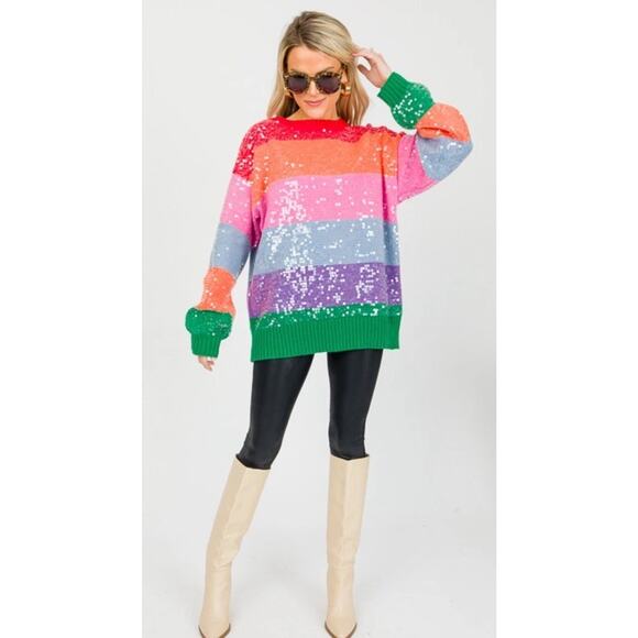BiBi Large Rainbow Sequin Sweater Stripes Chunky Oversized Colorful Crewneck NWT - Picture 1 of 9